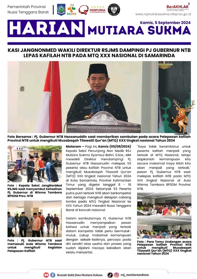 KASI JANGNONMED WAKILI DIREKTUR RSJMS DAMPINGI PJ GUBERNUR NTB LEPAS KAFILAH NTB PADA MTQ XXX NASIONAL  DI SAMARINDA